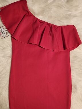 One Shoulder Ruffle Dress in Bright Pink - Girls Size: 11-12 - Boutique Brand